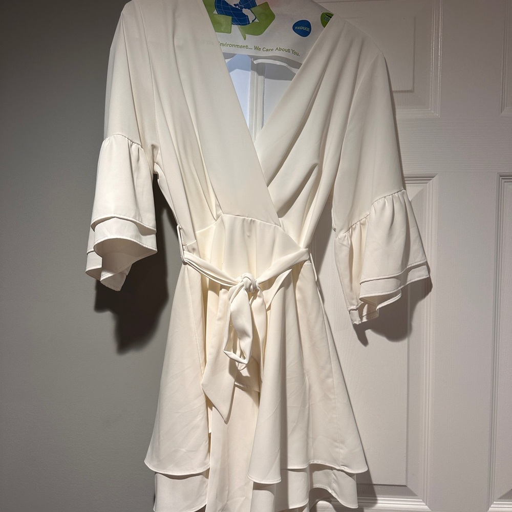 Women's Cream Wrap Dress with Ruffle Sleeves